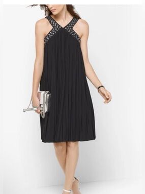 Michael Kors Bllack Stud-Detail Halter Pleated Dress